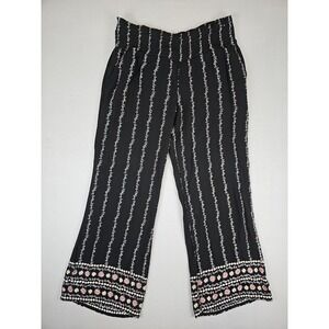 Three Dots Chevron Pants Women's Large Black Relaxed Fit Wide Leg BOHO Costal